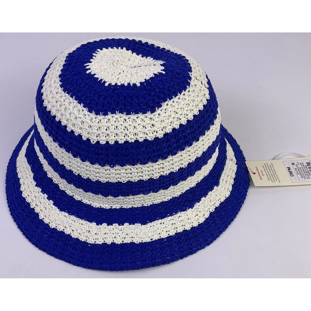 NWT Blue White Striped Crochet Bucket Hat Sun Hat Casual Beach Vacation OSFM